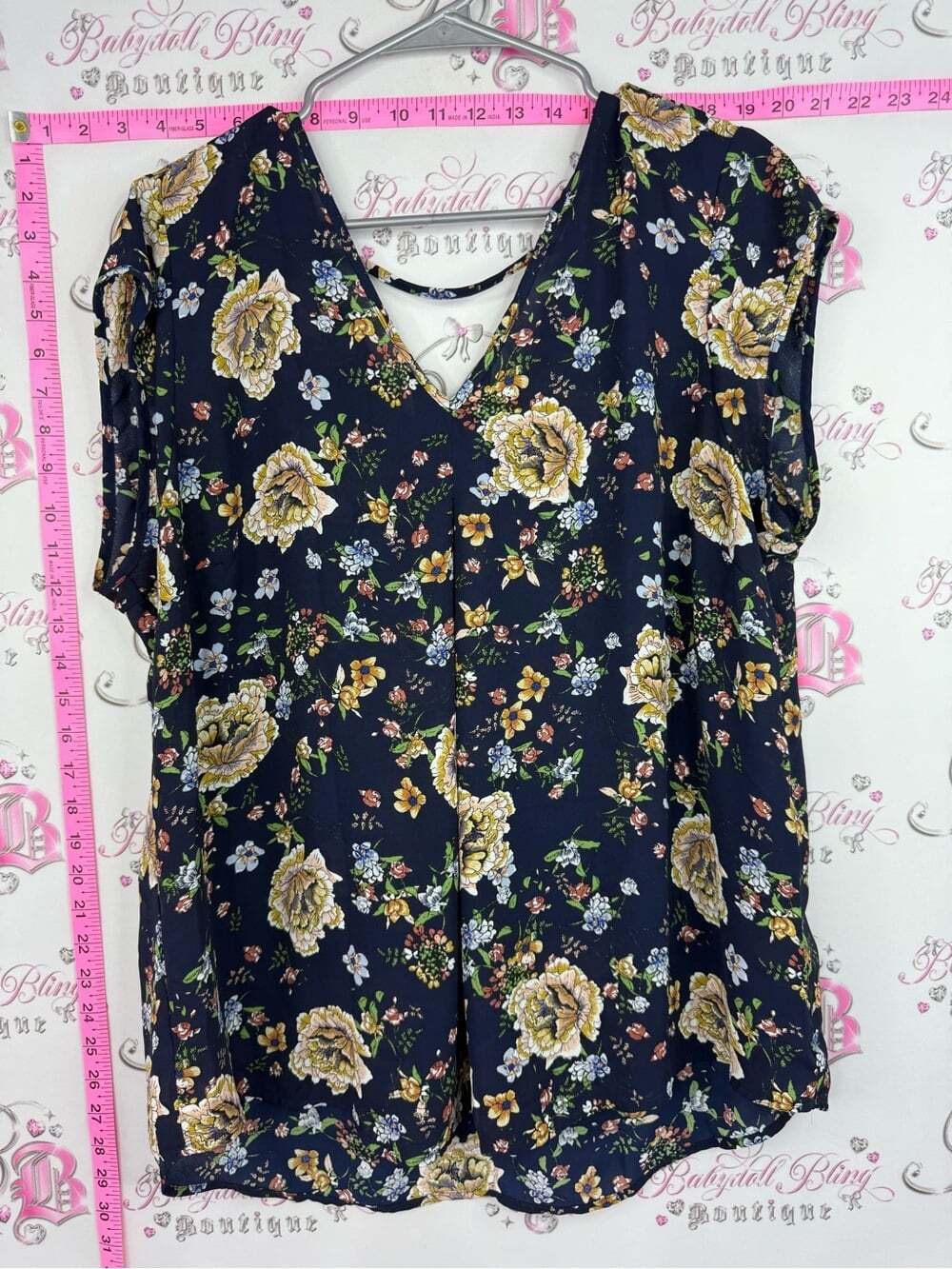 Halogen shirt Vneck Navy Floral V-Neck Blouse with Yellow Roses